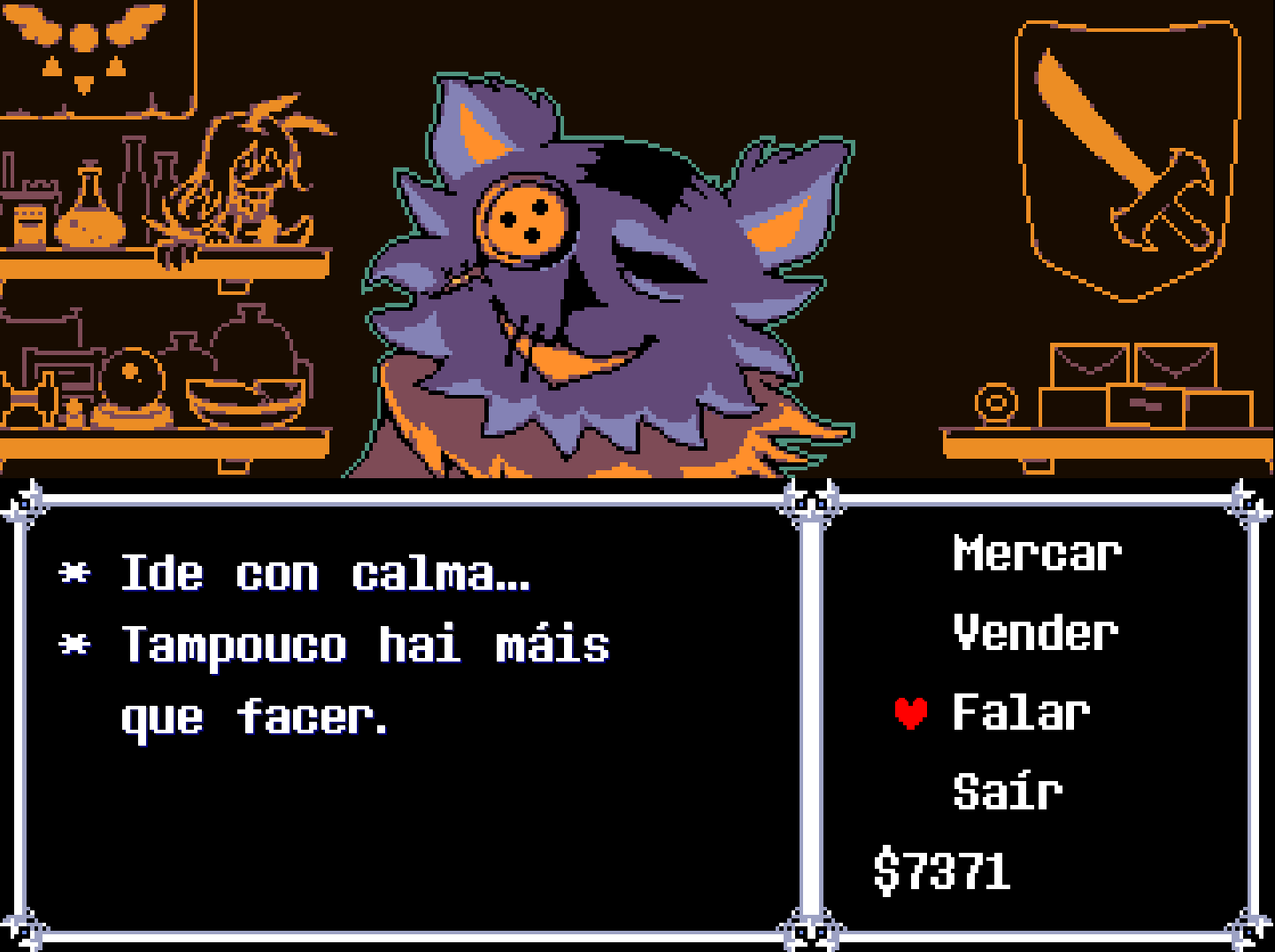 Tenda de Seam co menú traducido: Mercar, Vender, Falar, Saír.