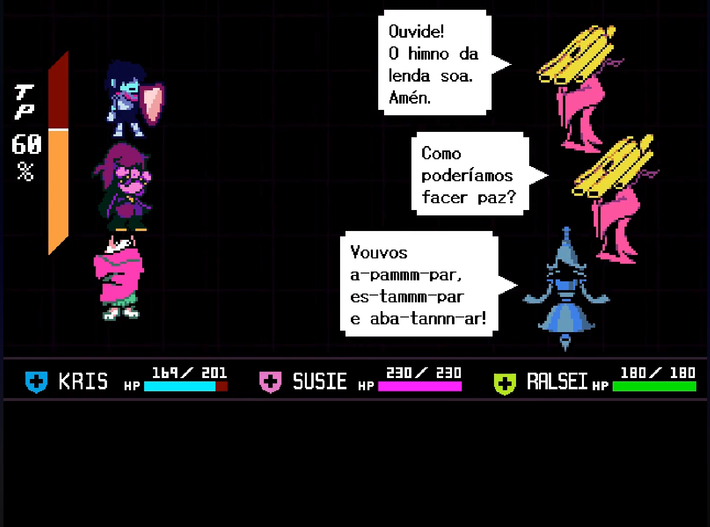 Combate con Kris, Susie e Ralsei fronte a Wicabel e dous Organikk, no Segundo Santuario.