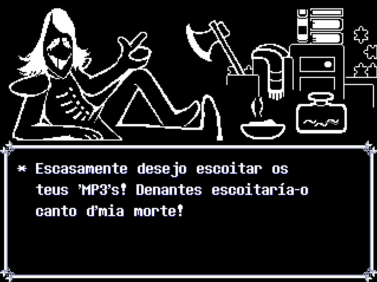 Escena na tenda de Rouxls Kaard: «Escasamente desejo escoitar os teus ’MP3’s! Denantes escoitaría-o canto d’mia morte!»